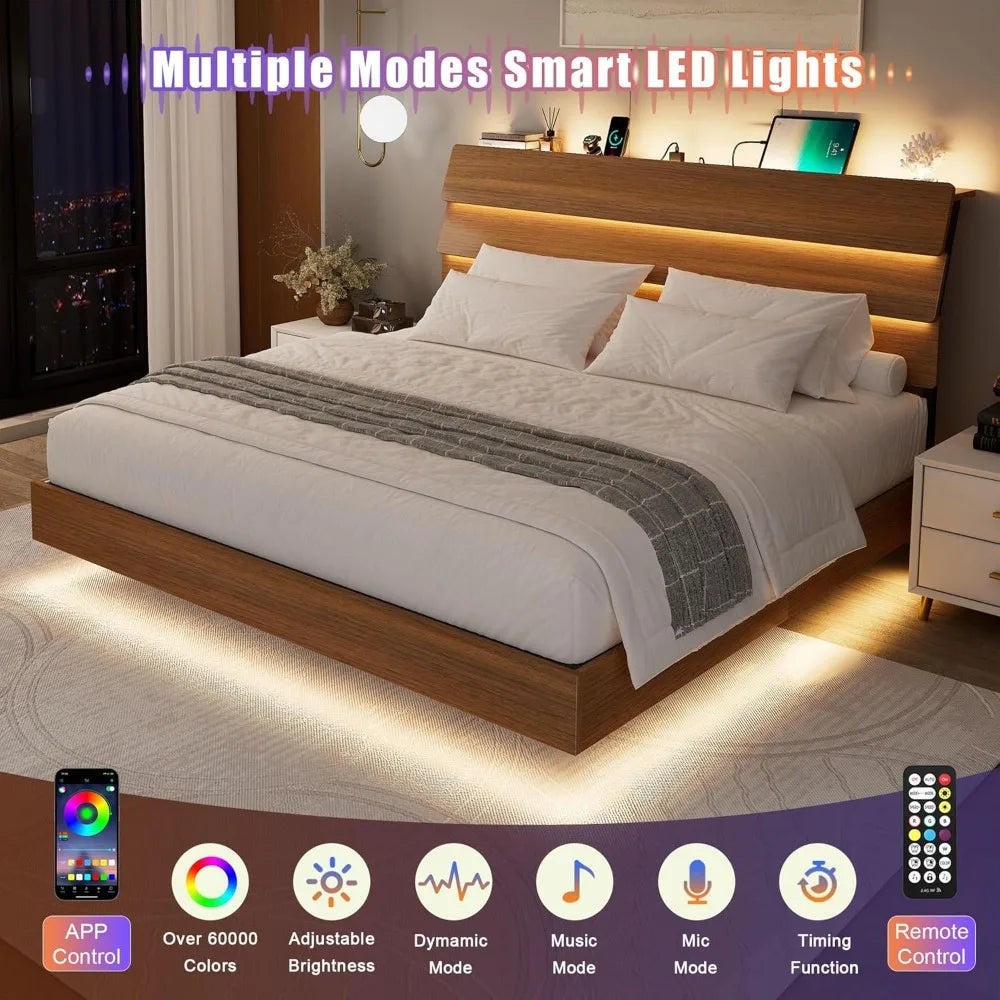 Feonase floating bed frame king with led lights and charging station wood full size storage headboard heavy dut