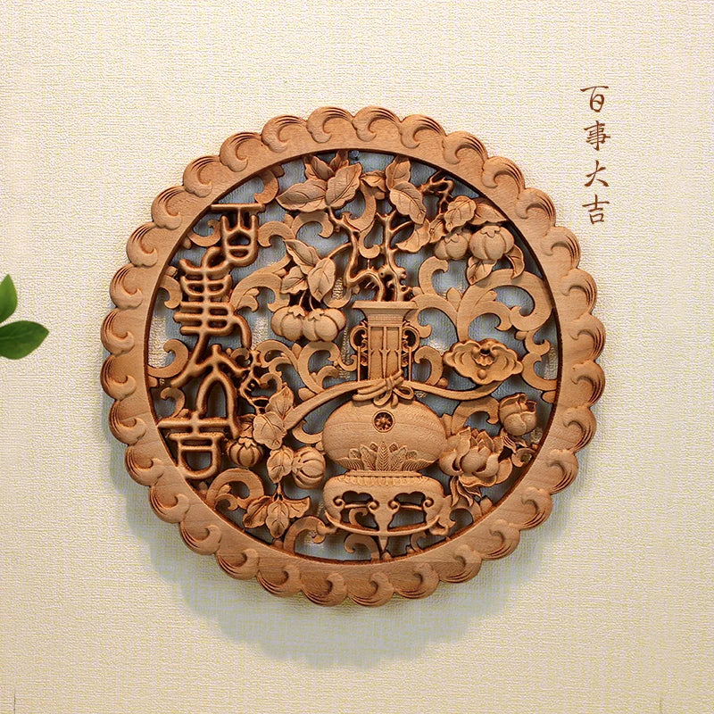 Chinese style wooden wall art camphor wood carving round floral bird decor for living room & bedroom decoration