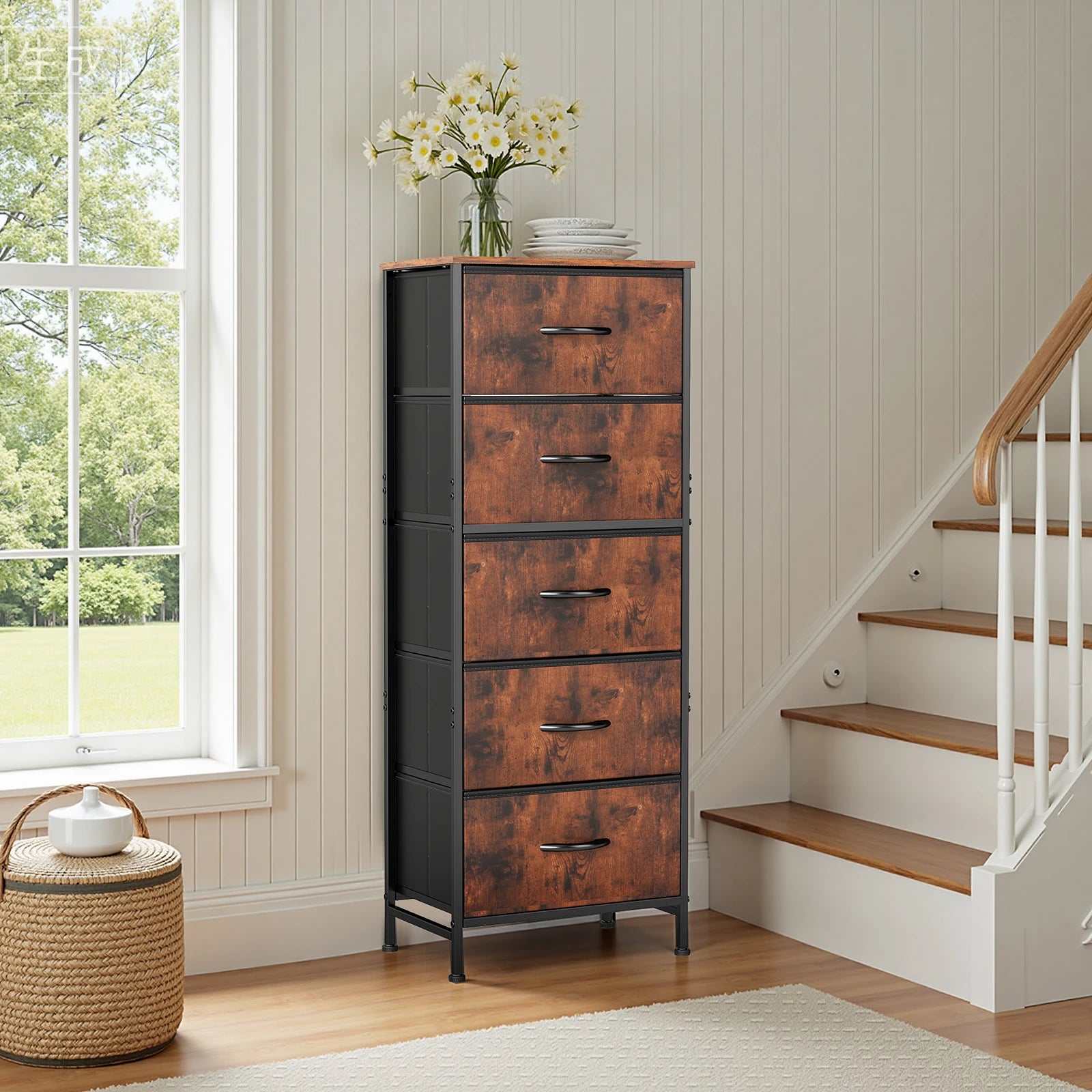 Jhk 48in dresser for bedroom with 5 fabric drawers nightstand wardrobe steel frame closet clothes storage cabinet