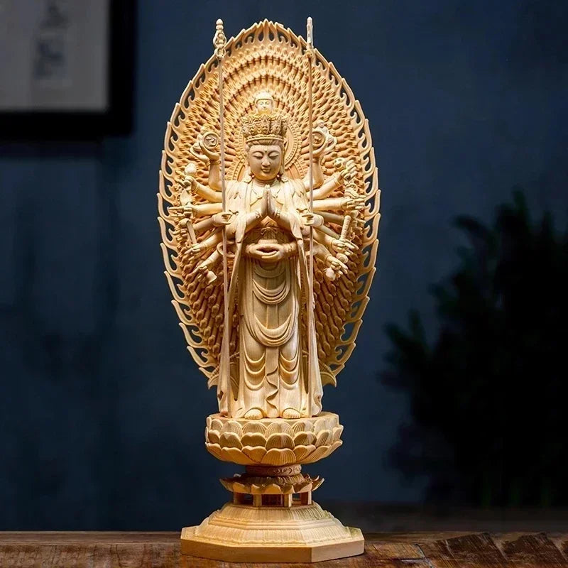 High quality large solid wood guanyin buddha statue,thousand-hand home decor sculpture - 43cm - religious (buddhist)