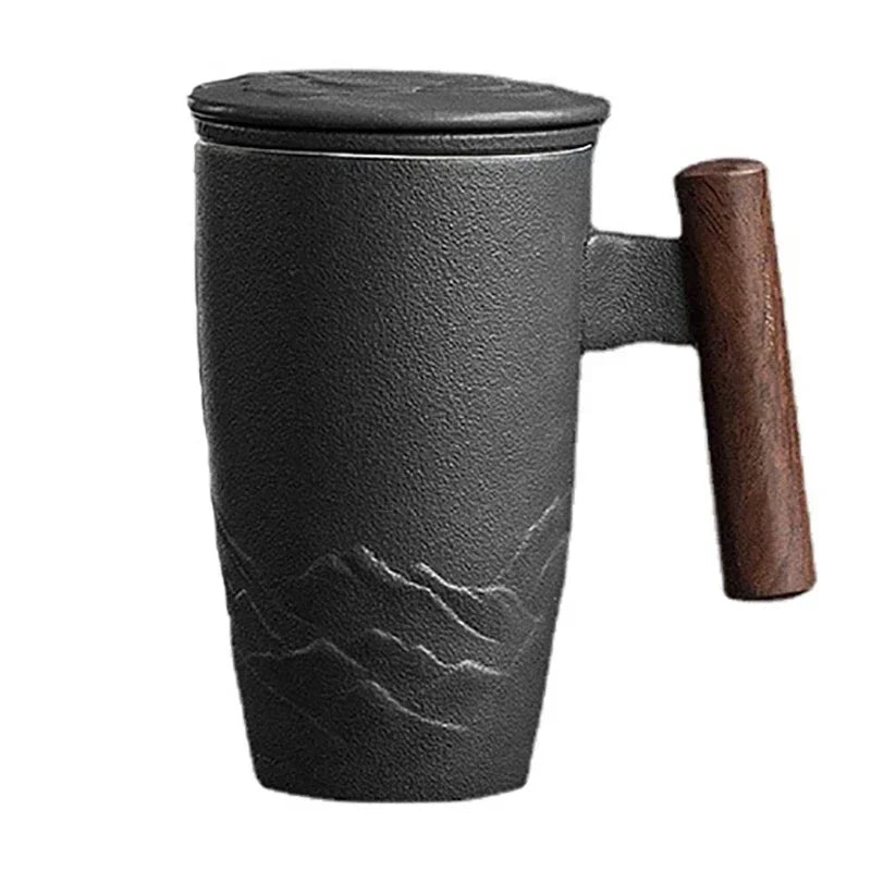 Ceramic tea cup vintage luxury thermal mug with infuser lid coffee mugs beer drinkware wooden handle 400ml personalized