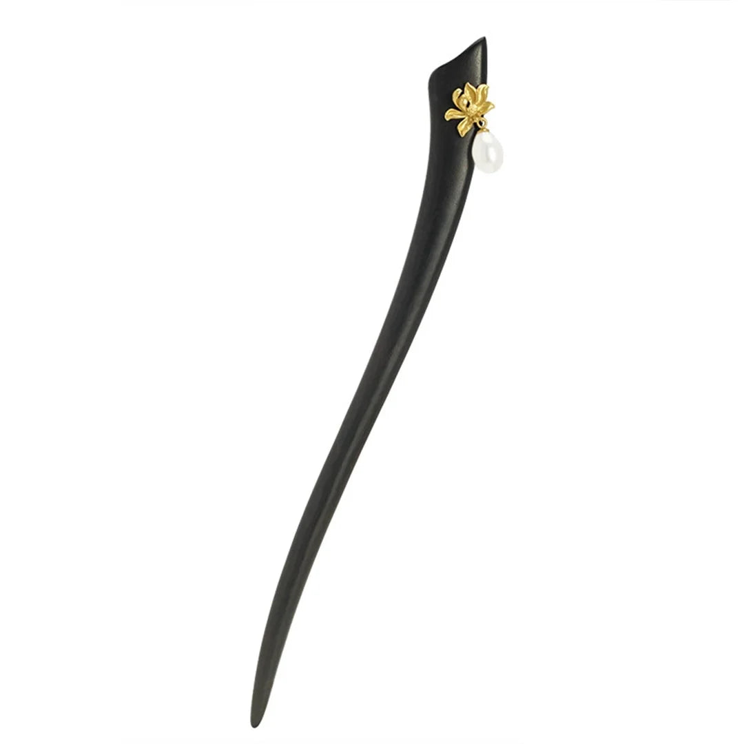 New100% s925 pure silver women’s elegant hairpin retro ebony wood lotus pearl blossom chinese style hanfu hair jewelry