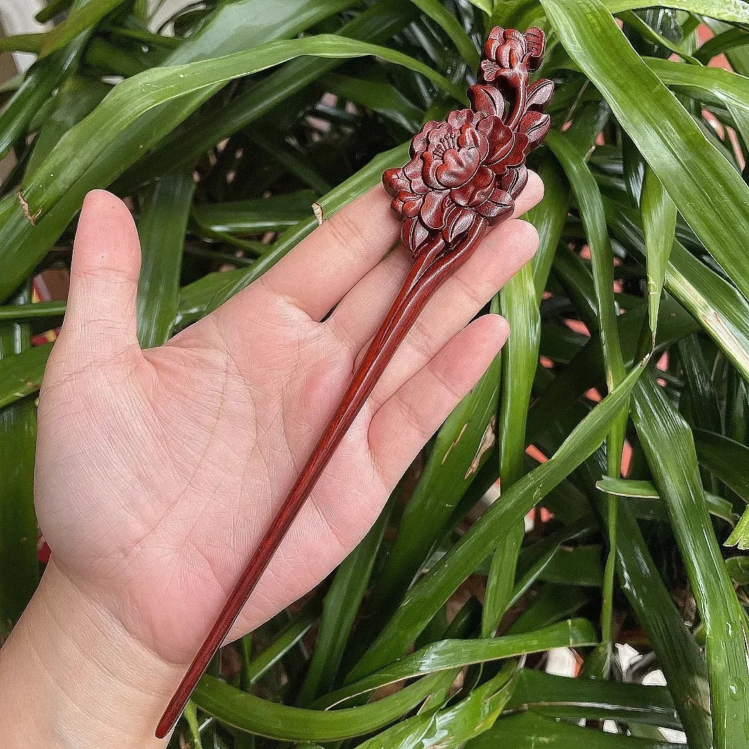 Chinese retro style peach wood handmade carved hairpin hollow out hair stick women styling tools accessories - united