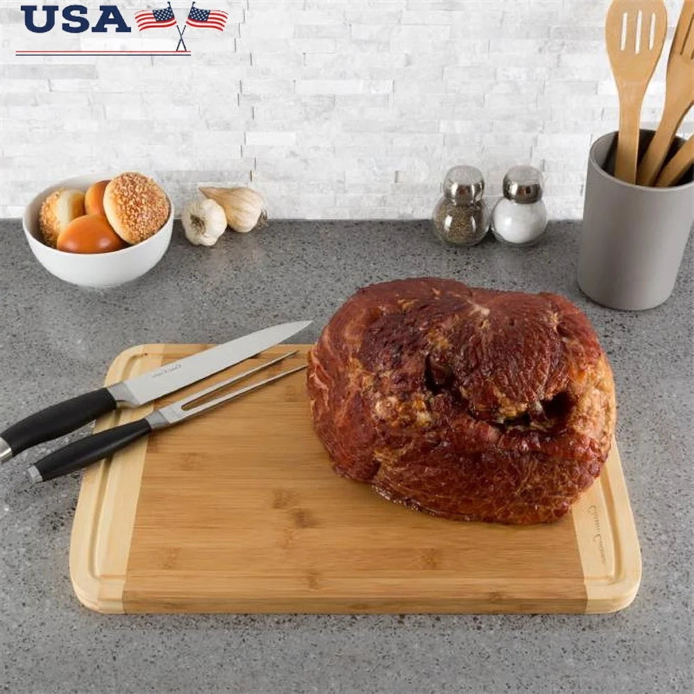 Eco-friendly two tone bamboo cutting board with juice groove extra thick kitchen chopping serving anti-microbial