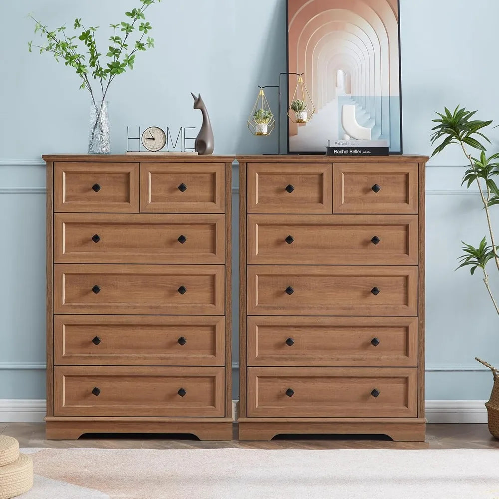 Farmhouse dresser for bedroom with 6 deep drawers modern tall chest of natural oak wood storage organizer d