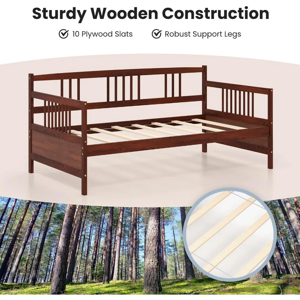 Giantex twin daybed frame wooden sofa bed guest with rails & wood slat support dual-use size platform for l