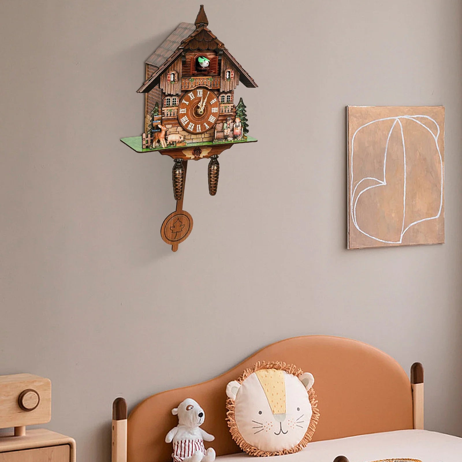 Multi-color wooden cuckoo clock modern house shape auto night silence battery operated wall for living room bedroom