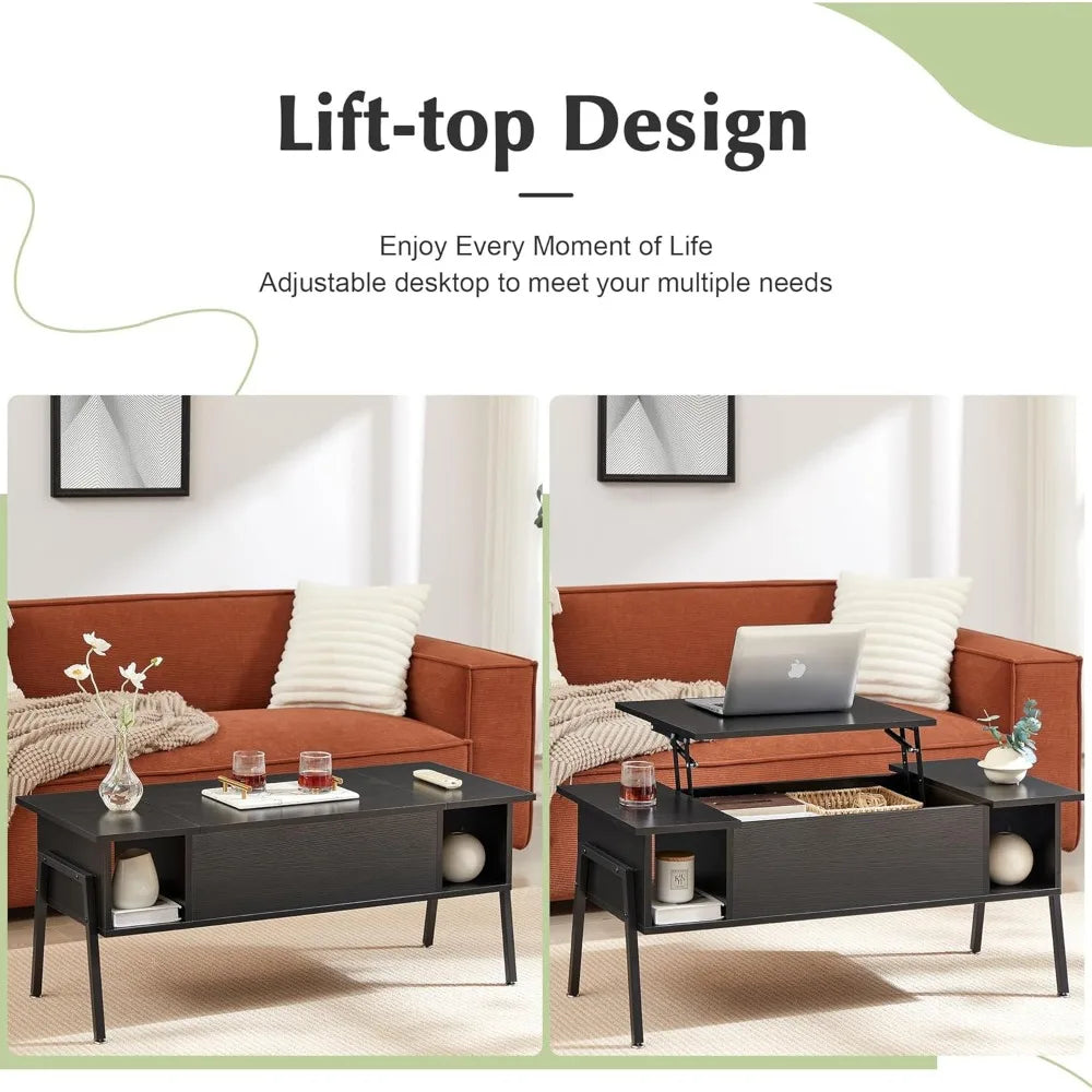 Wood lift top coffee table with hidden compartment and storage shelf for living room/office reception rising tabletop