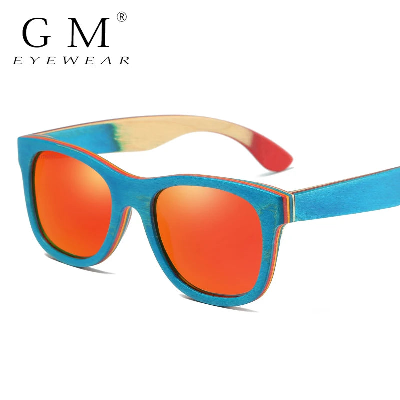 Gm skateboard wooden sunglasses blue frame with coating mirrored bamboo uv 400 protection lenses in w033