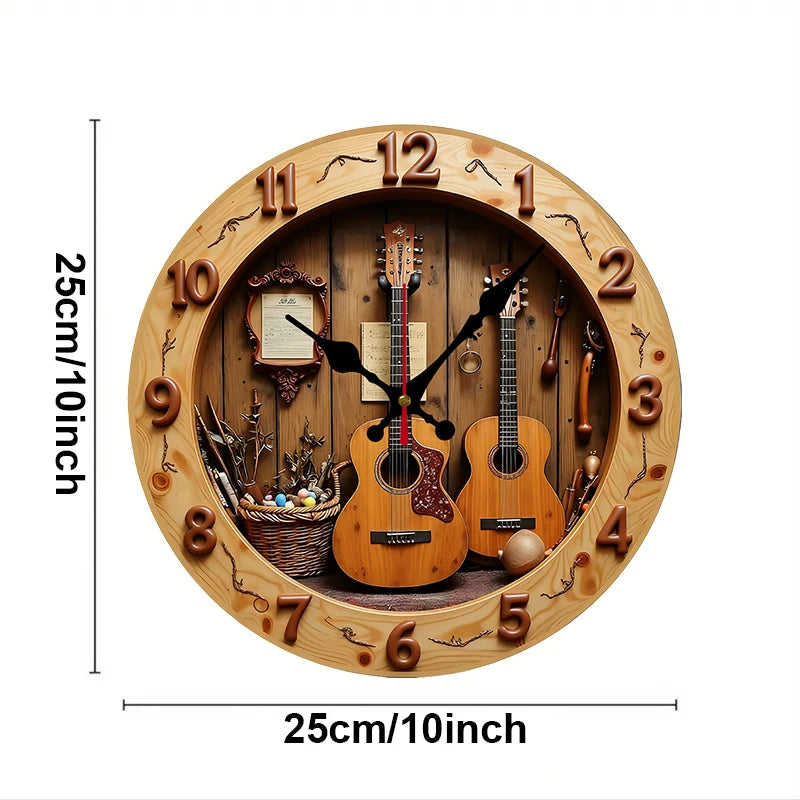 Guitar & music wooden round silent hanging wall clock suitable for living room office study bedroom home decoration