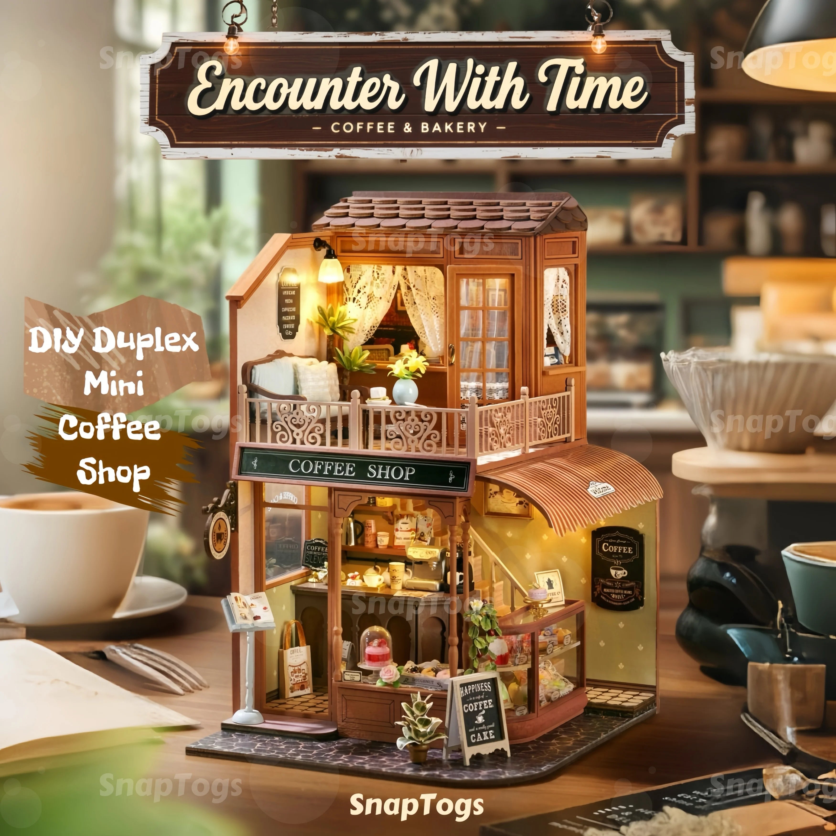 Snaptogs diy miniature duplex café wooden building blocks kit house roombox book nook tiny doll gift decor music box