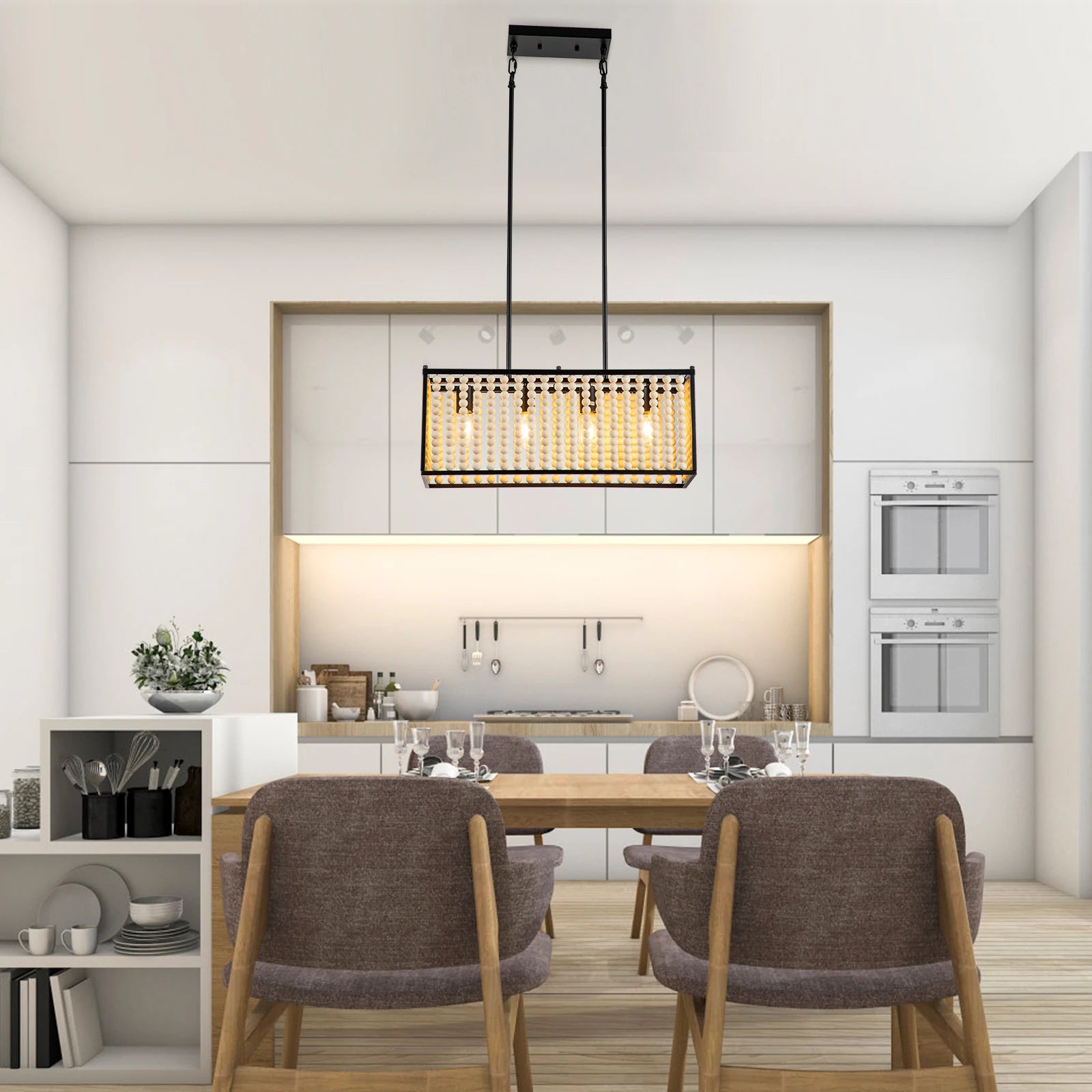 23’’ boho chandelier with handmade wood beads - adjustable 4-light farmhouse pendant for dining room - beige / 31-40w