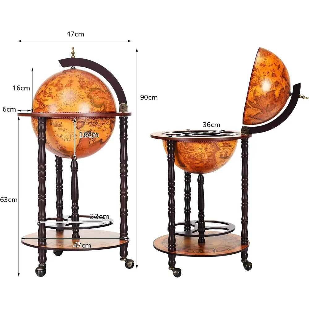 330mm/360mm globe drinks cabinet movable whisky wine spirits with casters container minibar storage wooden cart (united