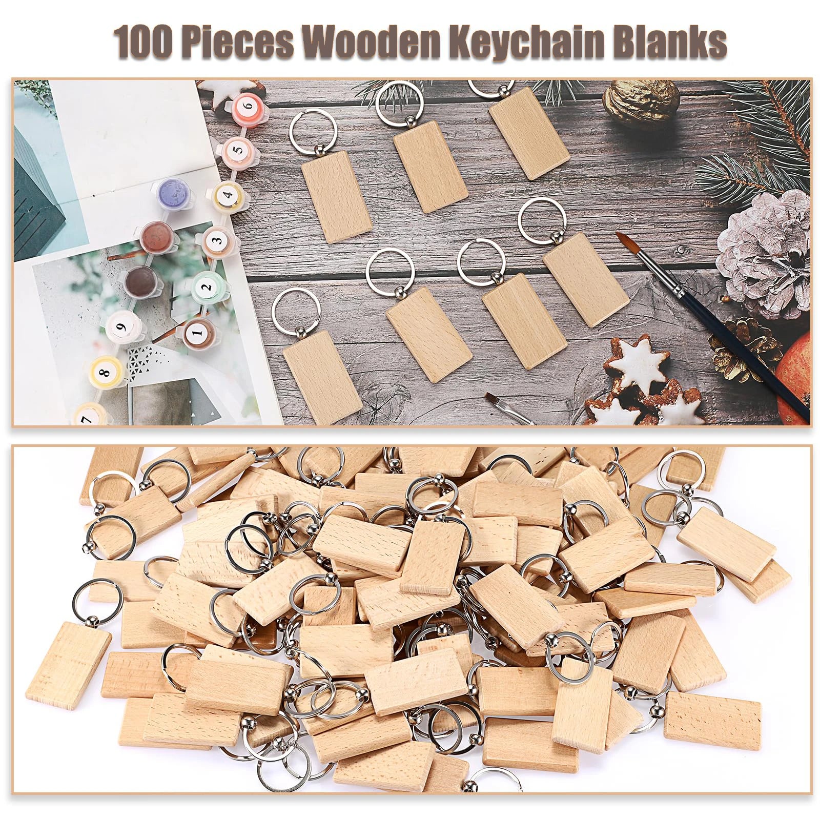 20pcs blank wooden key chain rectangle tags wood keychains ring for diy craft - rectangular