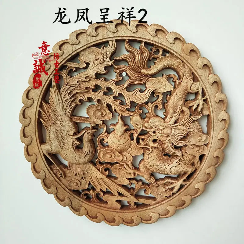 Traditional chinese woodcarving wall hanging camphor wood 3d exquisite dragon phoenix flower carving craft home