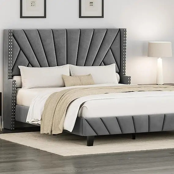 Grey queen size upholstered platform bed frame with 47.8’’ tall velvet geometric tufted wingback headboard wooden slats