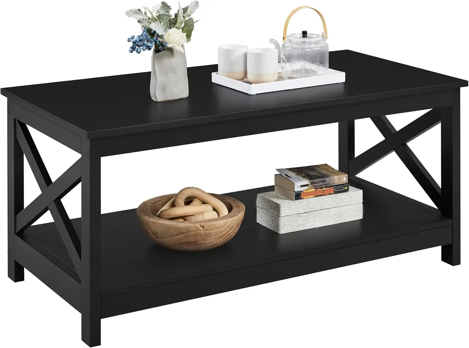 Wood coffee table with storage shelf for living room x design accent cocktail easy assembly home furniture - black