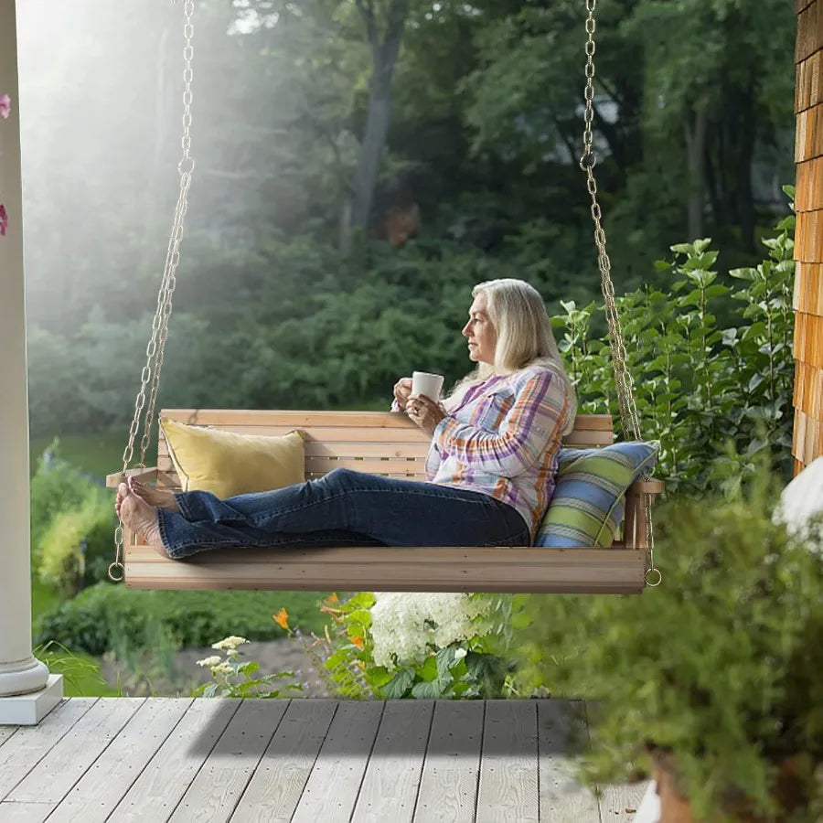 Upgraded heavy duty wooden patio swing for courtyard and garden 5 ft natural finish chair bench with durable hanging