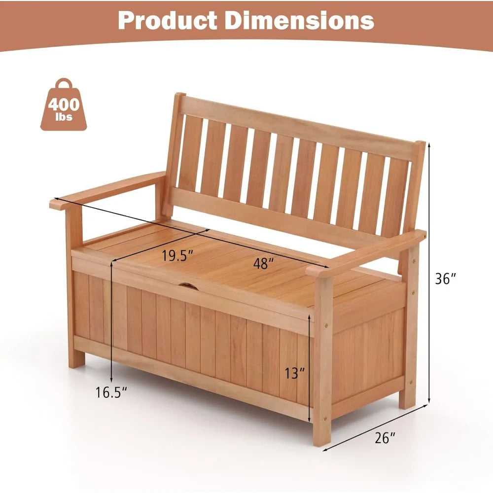 48 inch patio storage bench wood loveseat with 34.2 gal inner space entryway large deck box w/slatted backrest woode