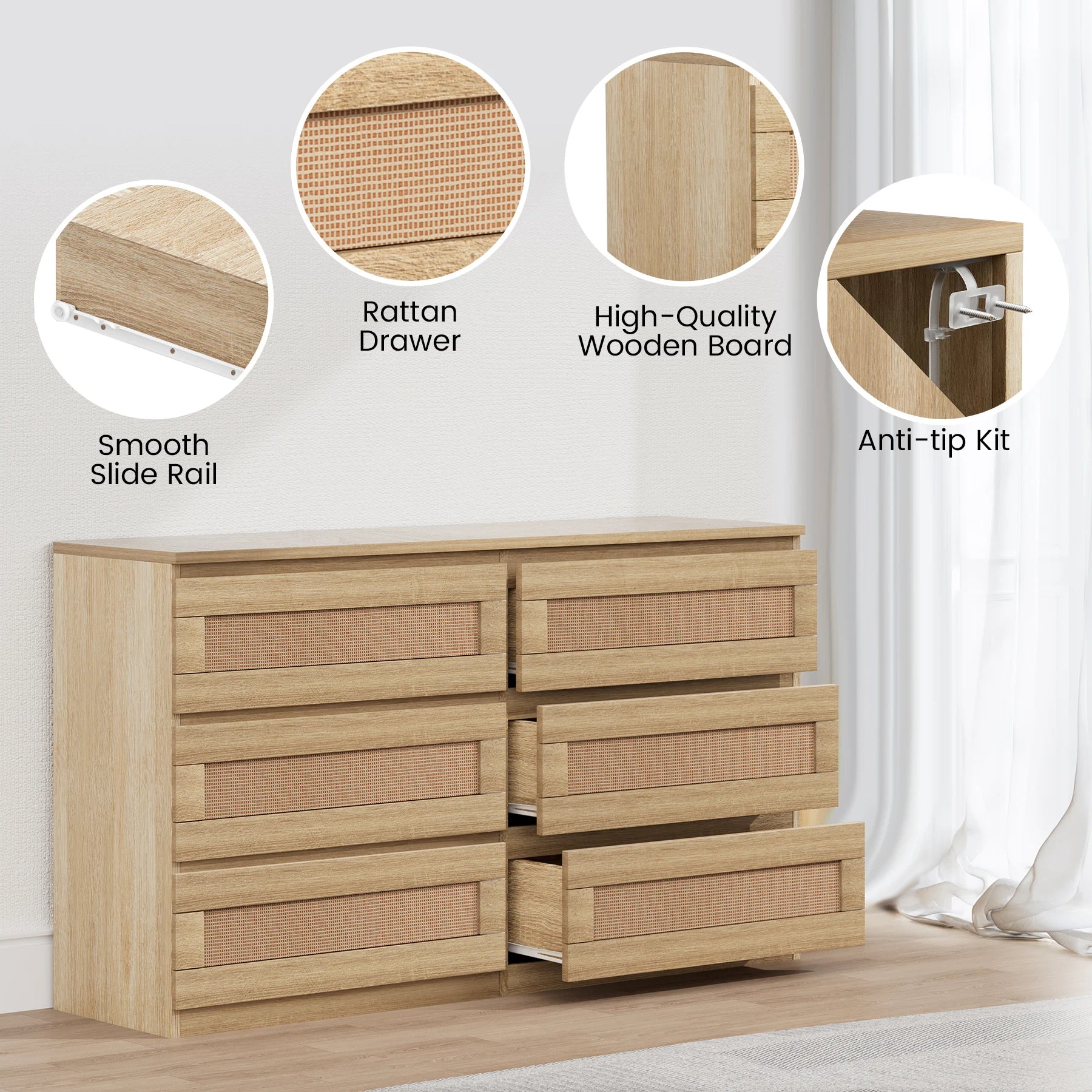 Rattan dresser for bedroom 6 drawer modern wide chest of drawers with anti-tip kit wood storage