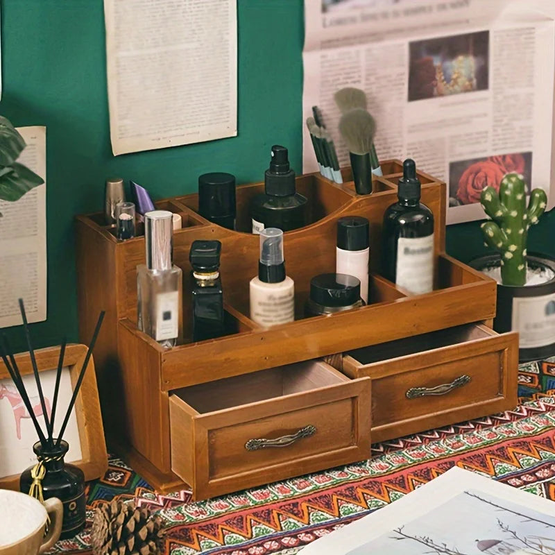 Vintage-inspired wooden desk organizer - multiple compartments for cosmetics & office supplies ideal home decor - wood