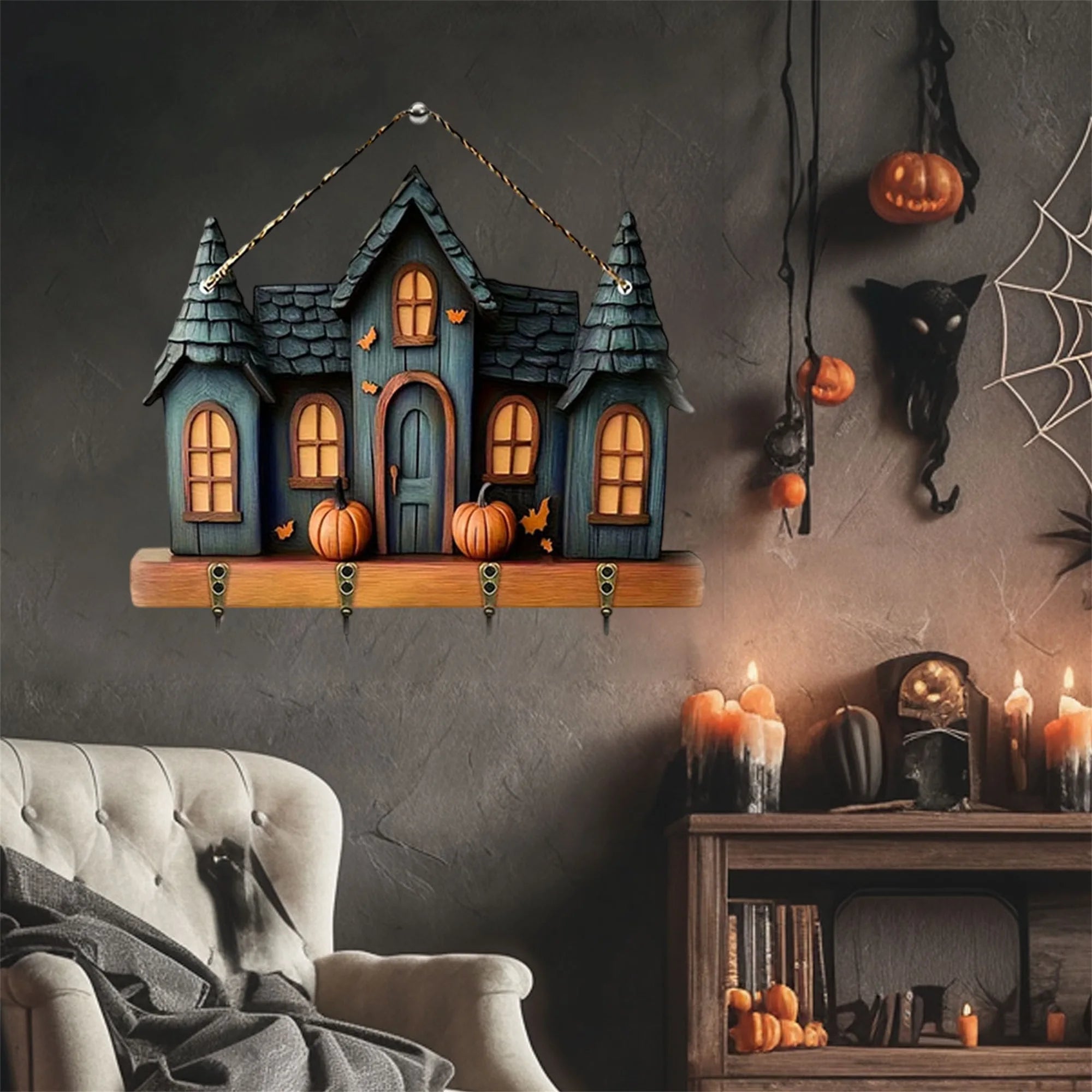 Spooky halloween ghost key rack for wall wooden 2d flat haunted house hooks hanging art entryway living room home