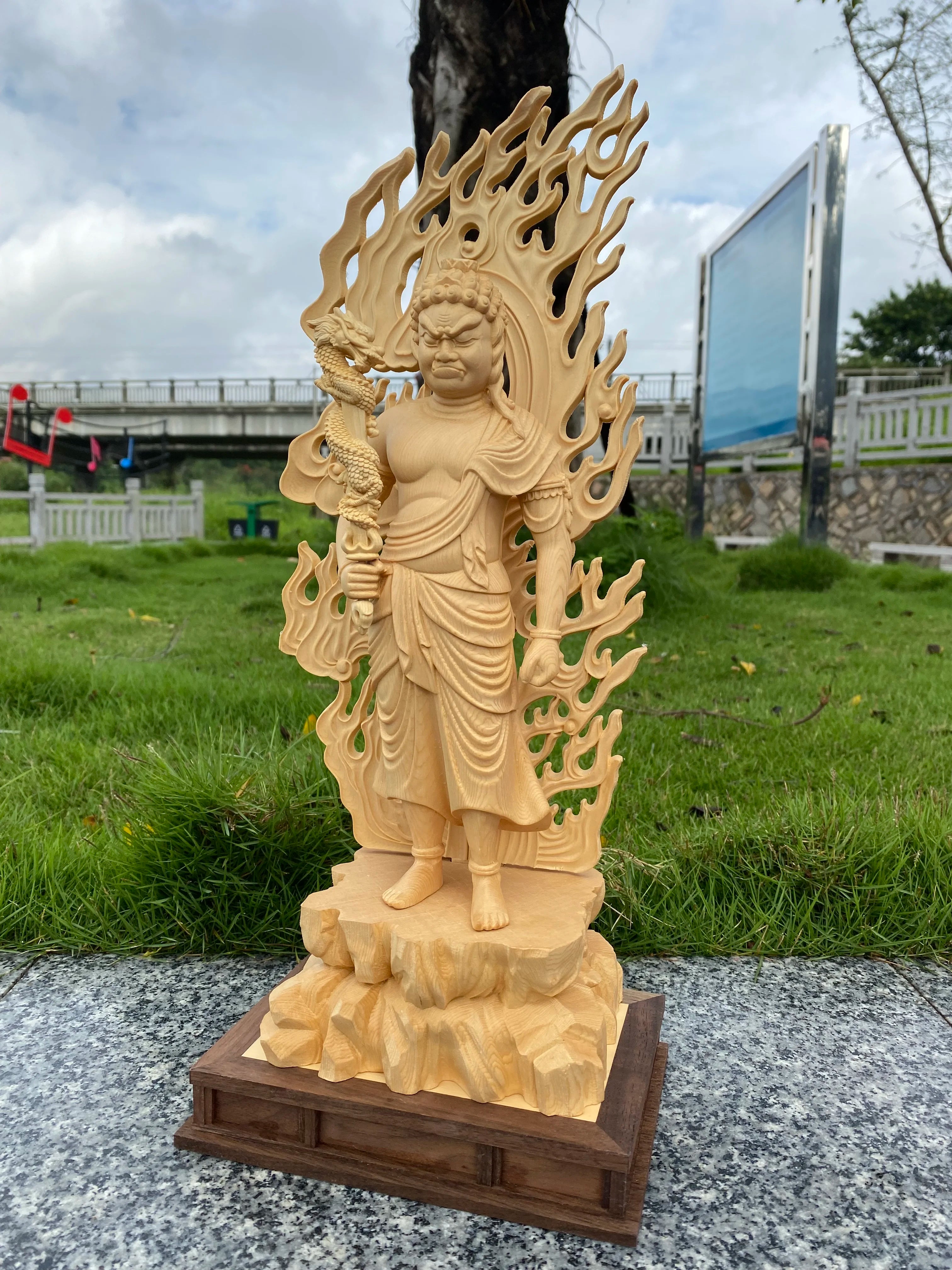 Hinoki wood hand carved fudo myoo acalanatha statue figurine with dragon sword - buddhist guardian protector home