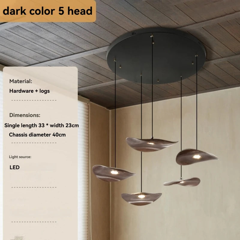Solid wood walnut color leaf multi-head combination chandelier living room main lamp restaurant wabi-sabi retro style