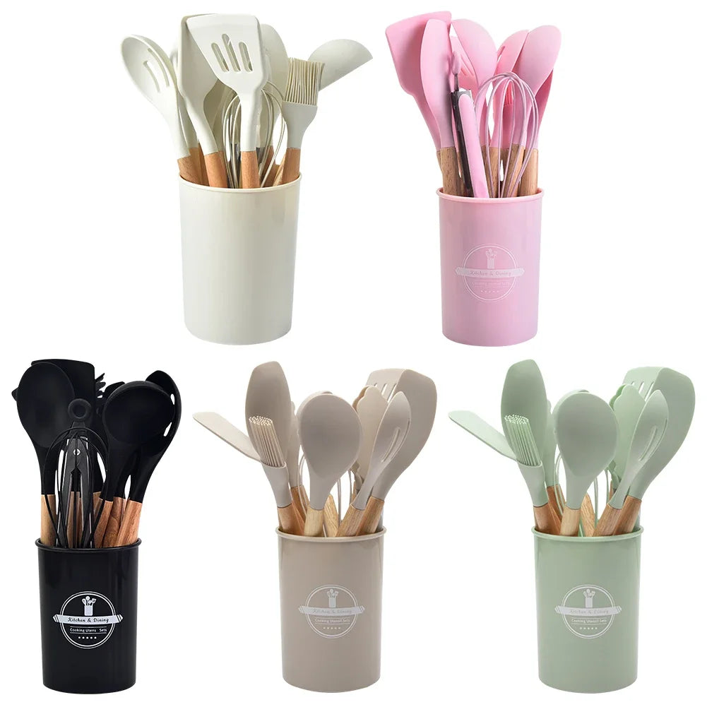 12pcs kitchen utensil set heat-resistant cookware wooden handle with holder spatula spoon brush whisk supplies