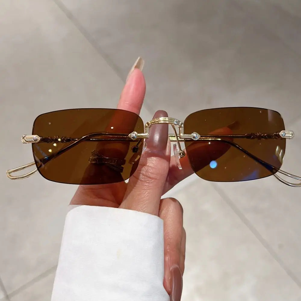 Rimless sunglasses men women wooden pattern luxury brand retro square sun glasses fashion shades uv400 travel outdoor