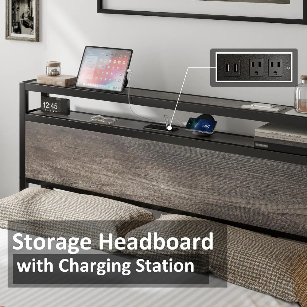 Queen size bed frame industrial platform with charging station 2-tier storage headboard/no box spring