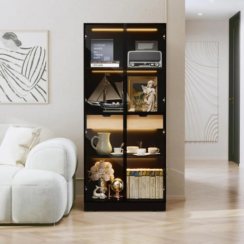 Display cabinet with glass doors tall storage 3 color lights curio case 4-tier shelves
