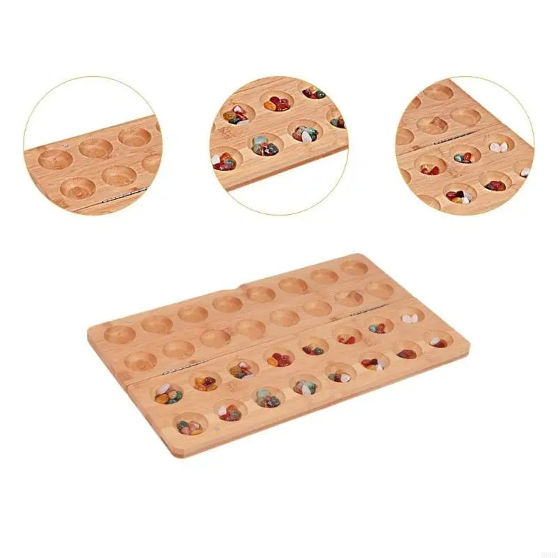 Foldable wooden mancala board game for 2 includes 65 glass rockss 69hd