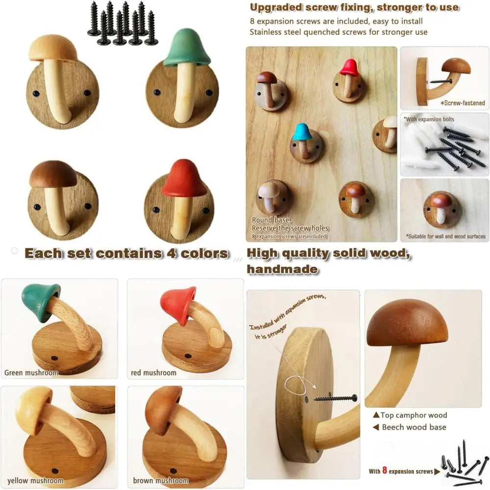 Wooden mushroom coat hooks mushroom-shaped hangers wall mounted towel hanger solid wood colorful set of with scr