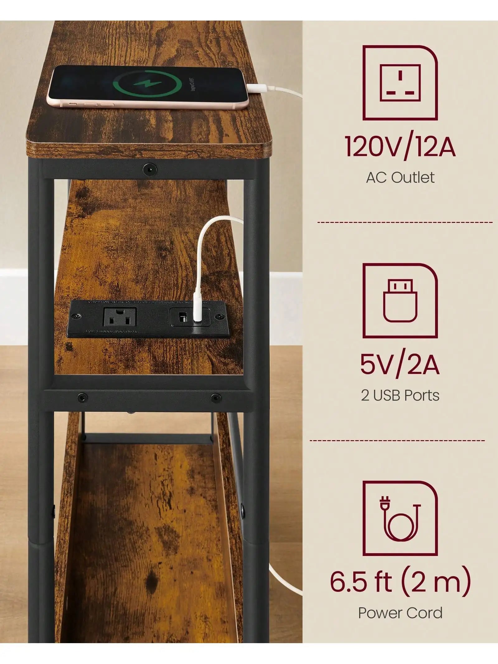 Vasagle side table with charging station narrow end 3-tier nightstand sofa for small spaces magazine rack fo - olive