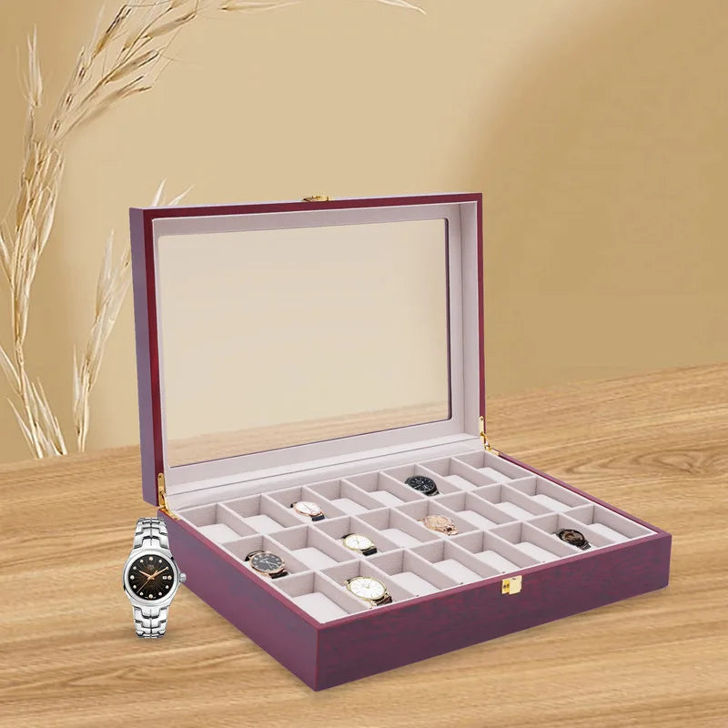 24 slot wooden watch organizer case display box glass top jewelry storage with lock room - red / united states - box