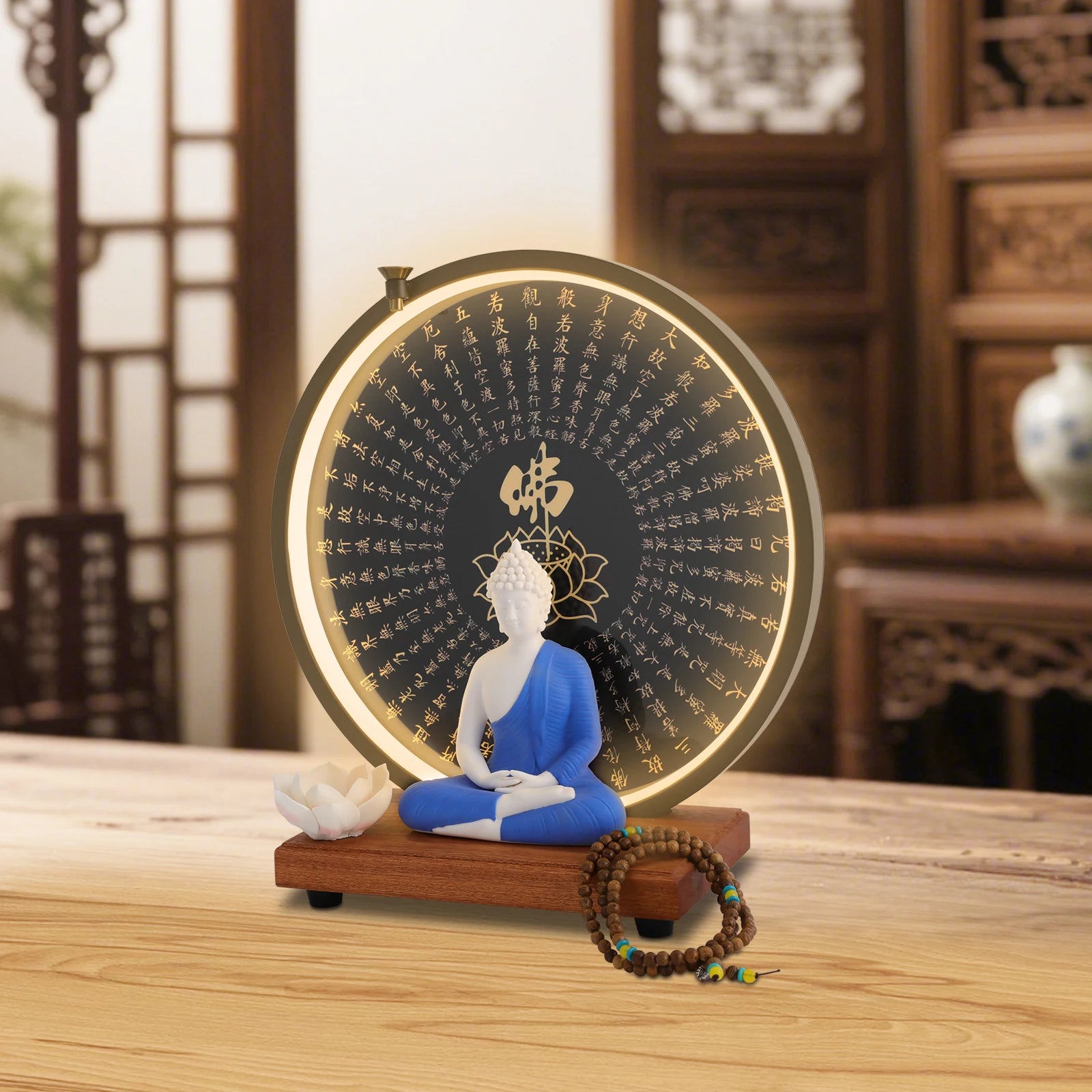 Buddha statue decoration ceramic with circle led lamp for decor white/red/yellow/blue 11.8*4.7*13in - religious