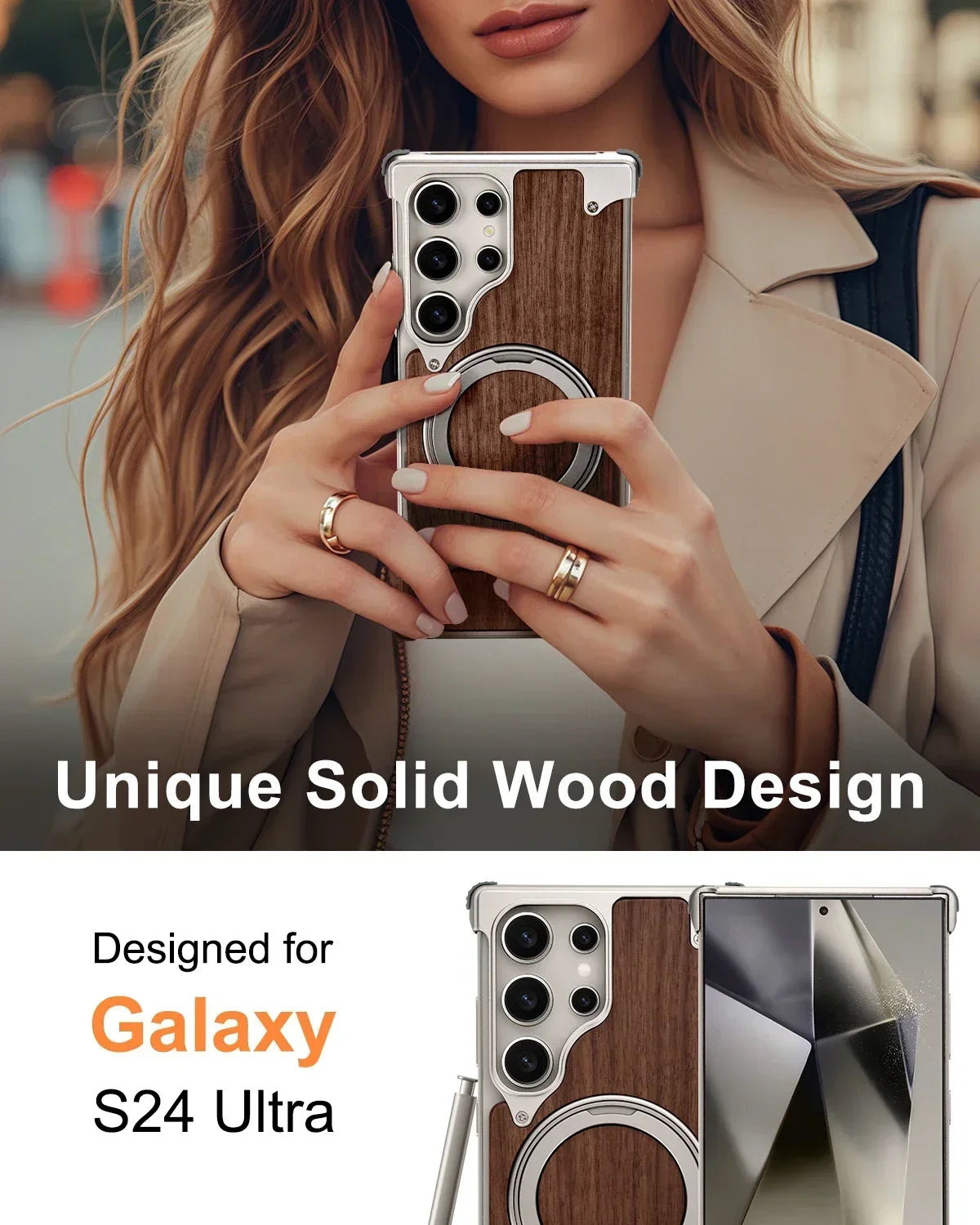 Oatsbasf solid wood phone case for samsung galaxy s25 s24 ultra with magsafe 360° rotatable ring stand protective cover