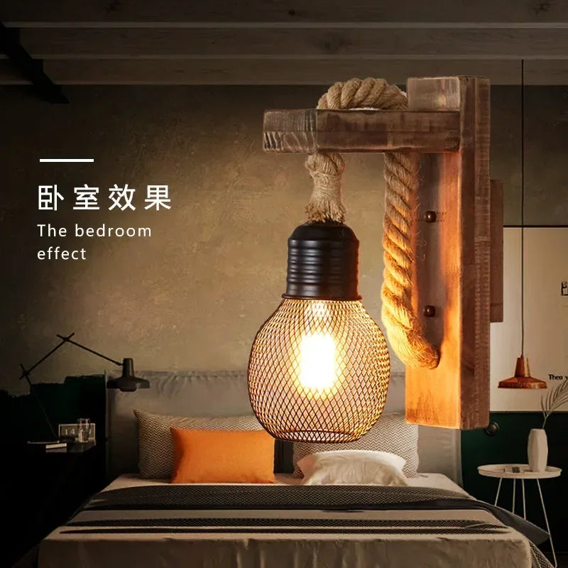 Retro personality wall lamp decoration antique wood art bed home garden restaurant twine