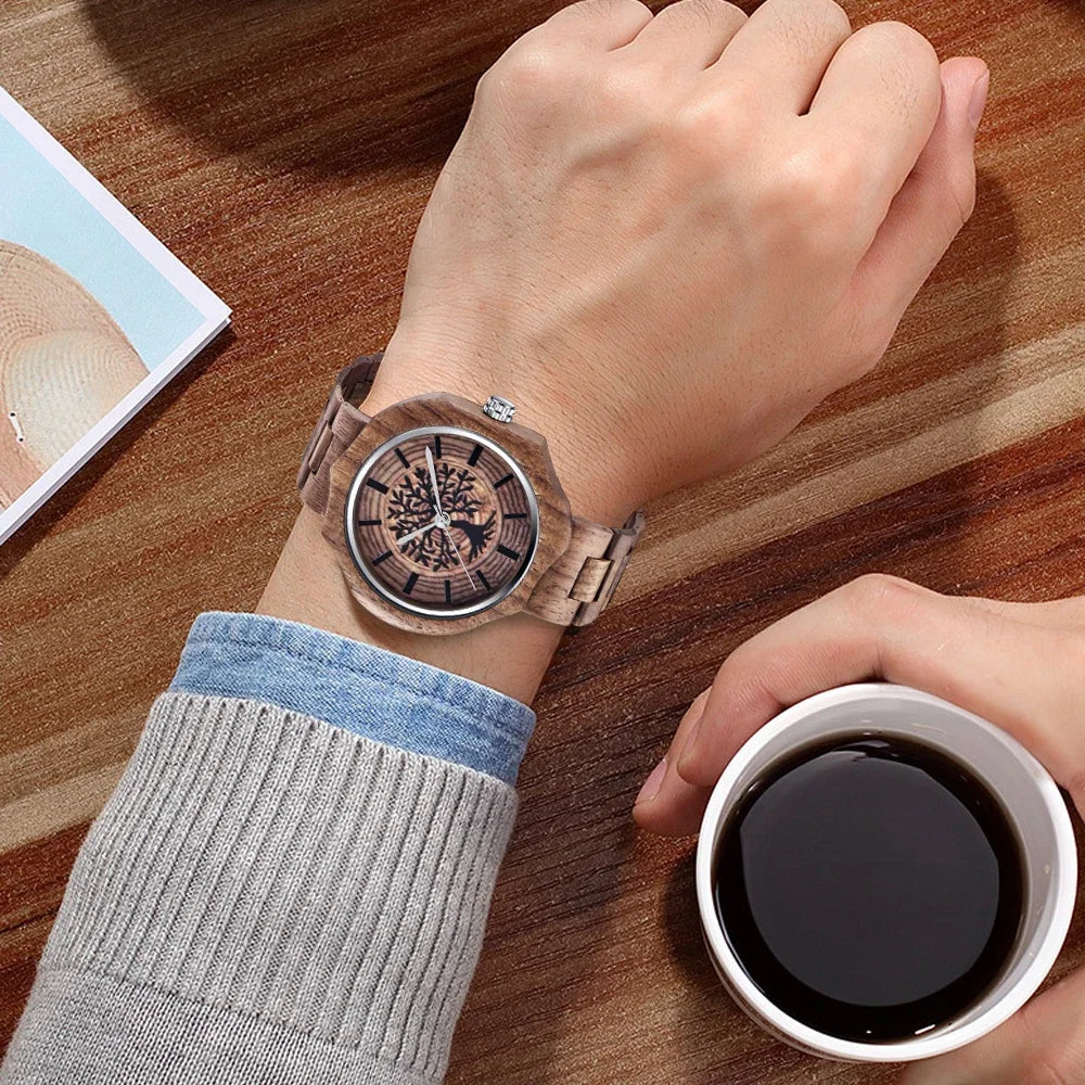 Haute tree-of-life wood quartz watch feather-light folding buckle wooden strap sophisticated business timepiece for men
