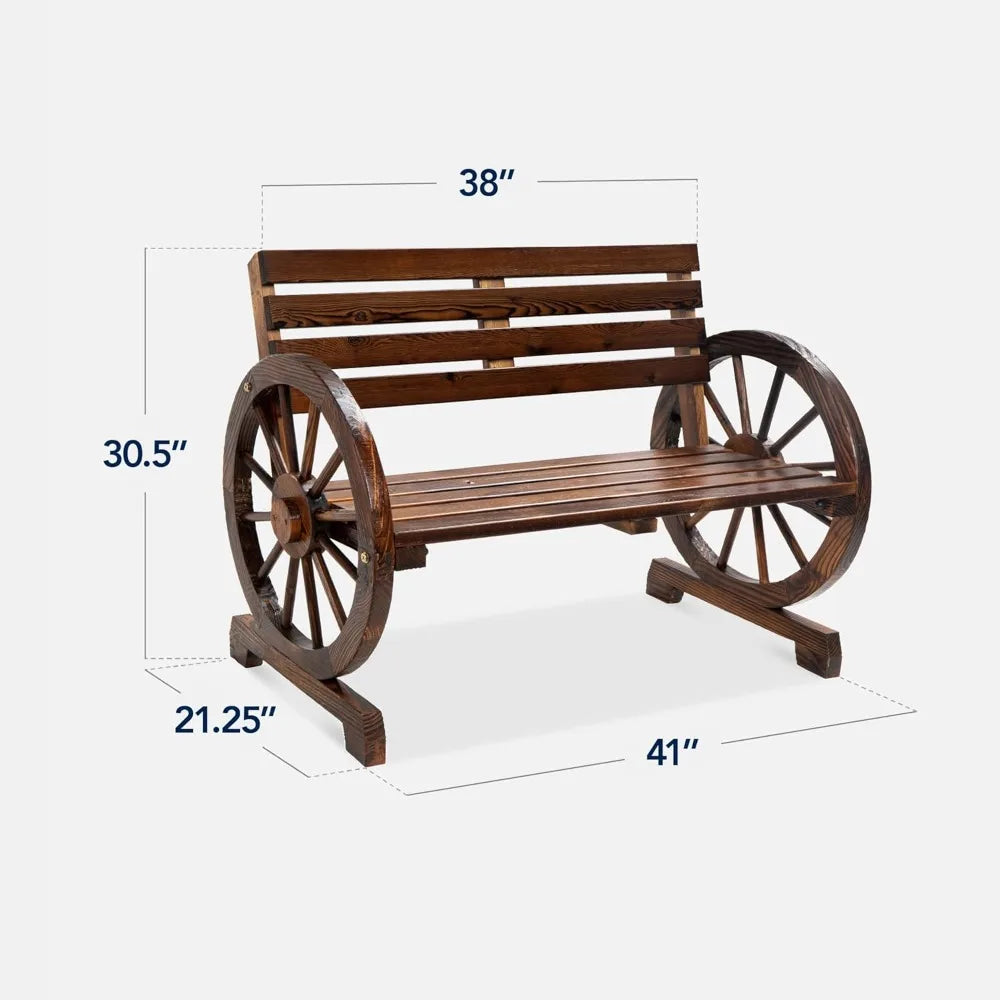 2-person wooden wagon wheel bench for backyard patio porch garden outdoor lounge furniture w/rustic cou - united states