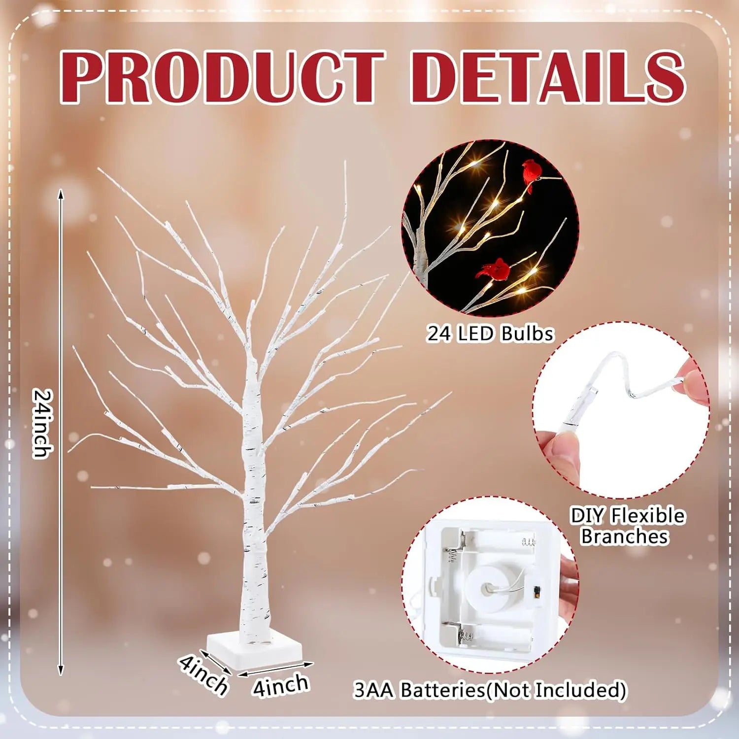 2 pcs ft lighted birch tree with 12 cardinals led battery-powered christmas table decor - united states / 0.6m