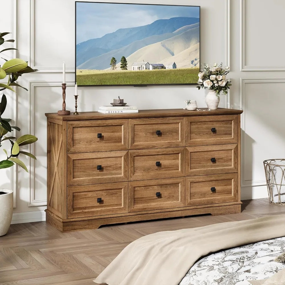 Farmhouse 9 drawer dresser dressers chest of for bedroom organizer storage 59’’ wide wood
