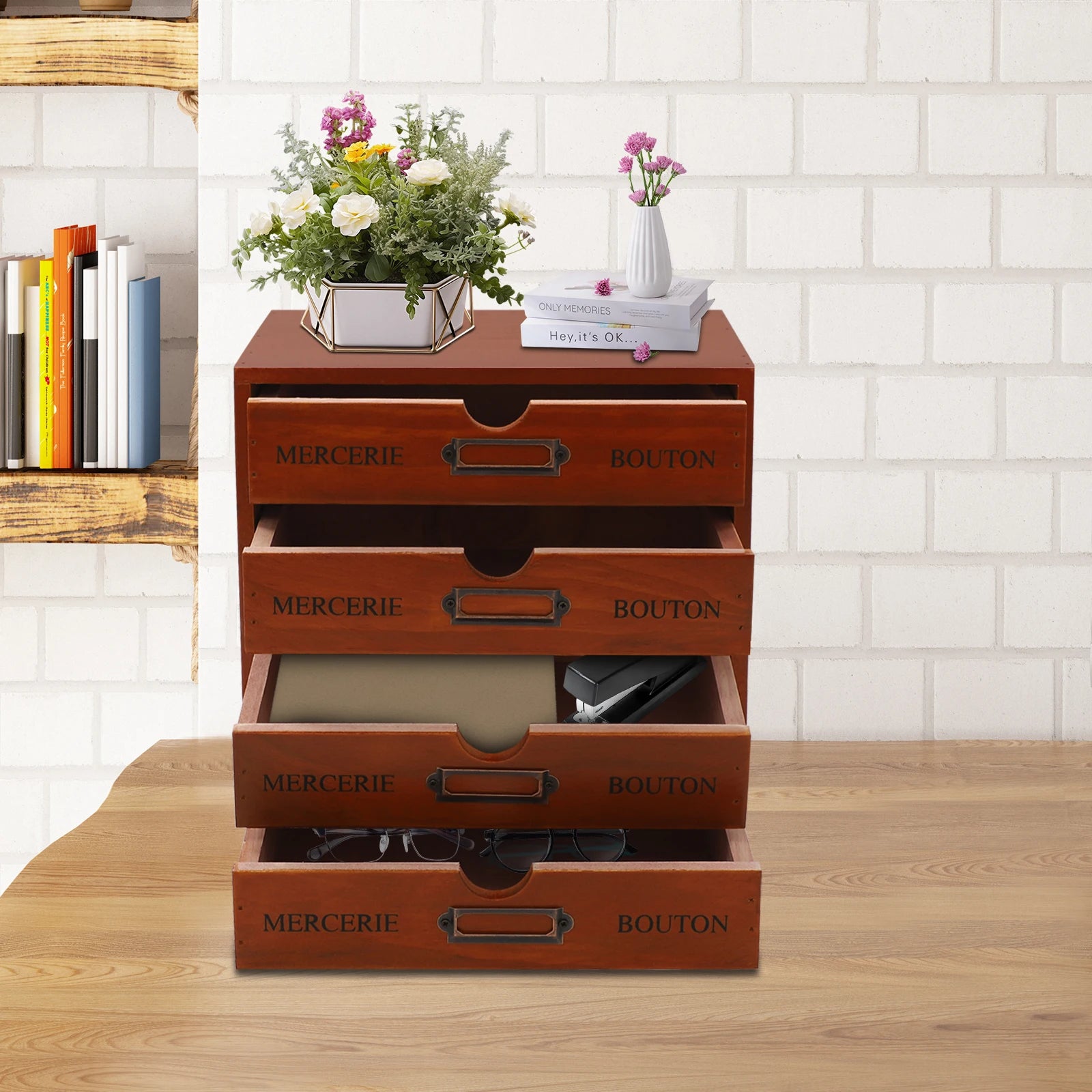 4-drawer vintage wooden organizer mini pine wood storage box desktop space-saving for cosmetics tea stationery - brown