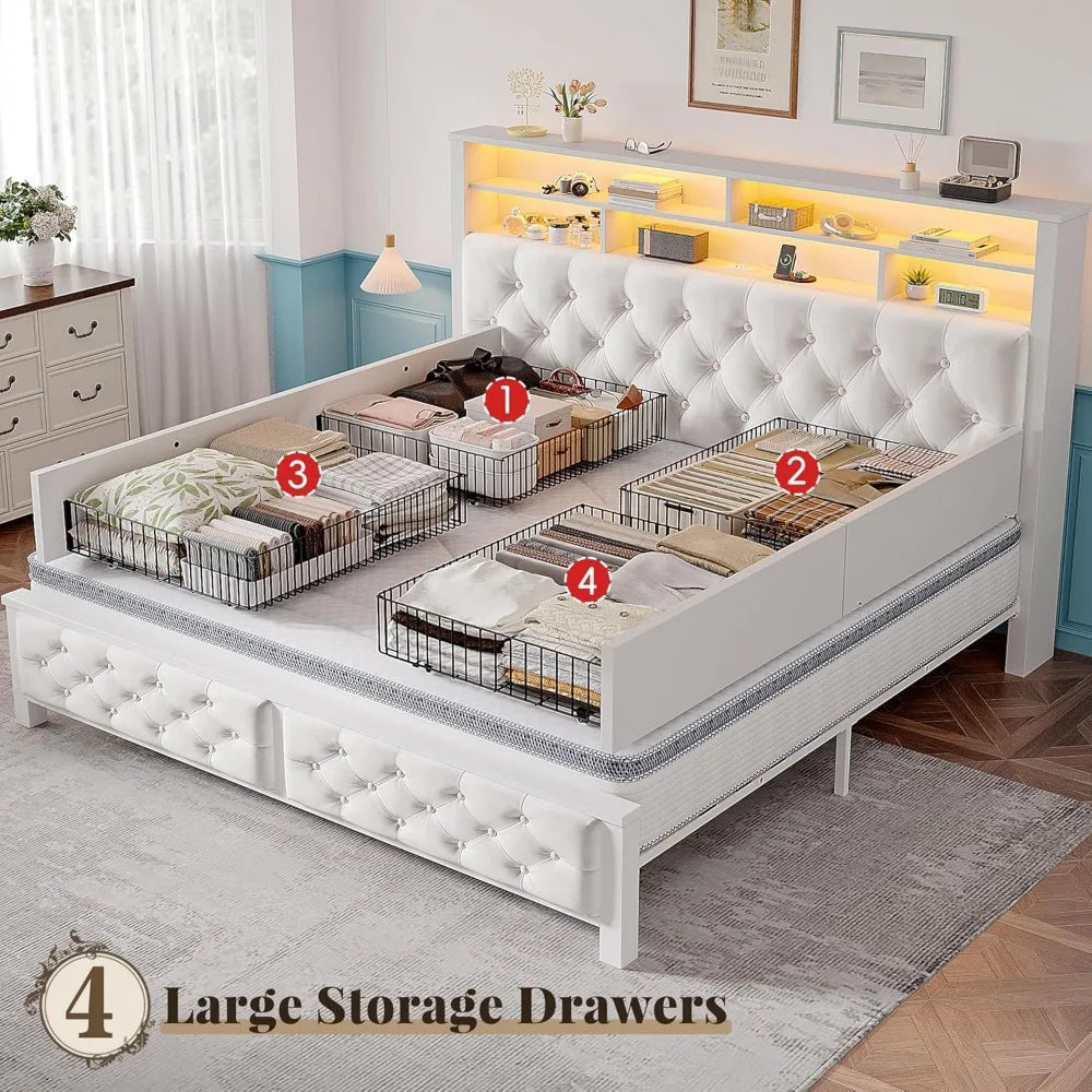 Enhomee queen bed frame with storage headboard & 4 drawers,wooden size charging station led lights uphols - united