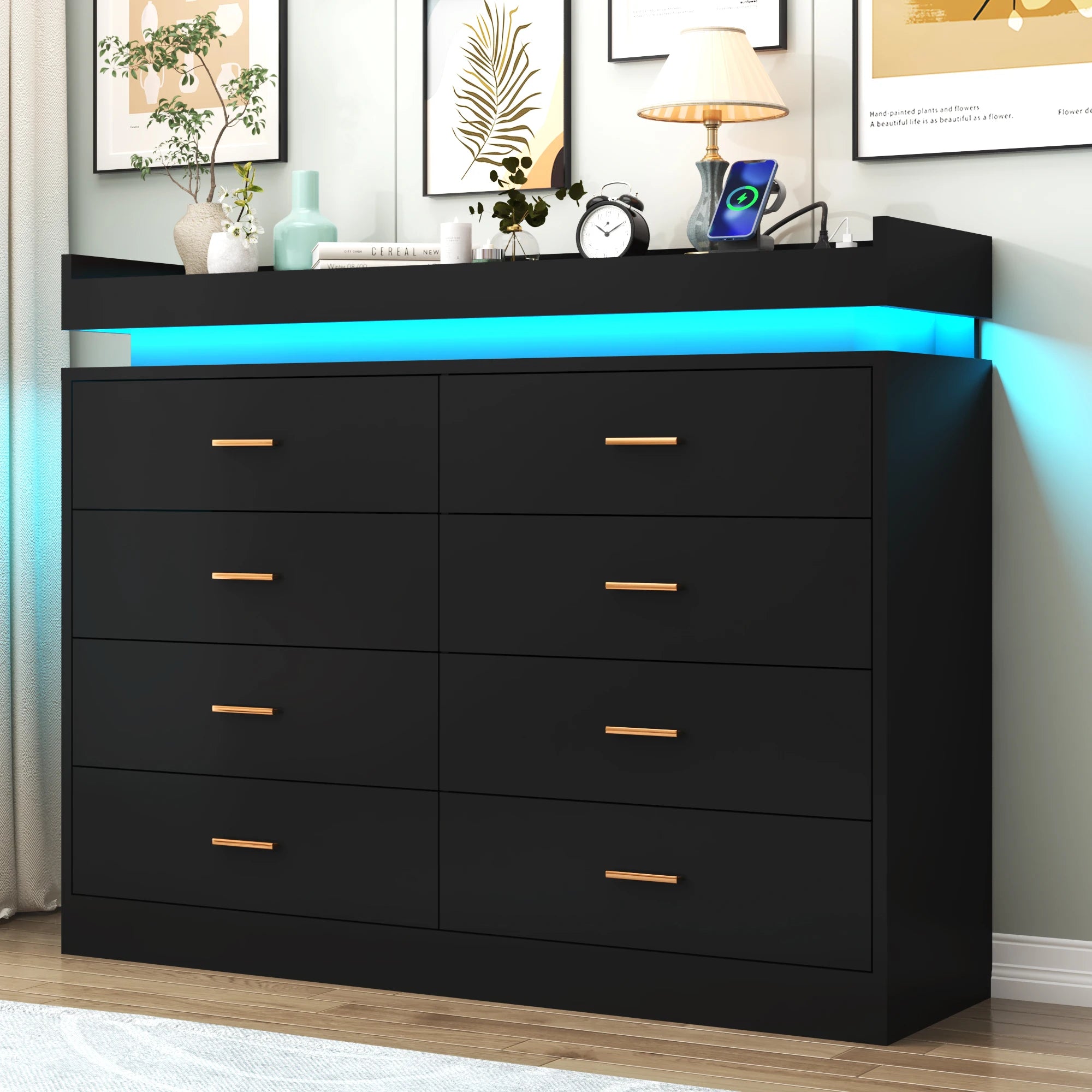 8 drawer dresser with led light modern chest of drawers for closet 47’’ wide organizer cabinet bedroom living room