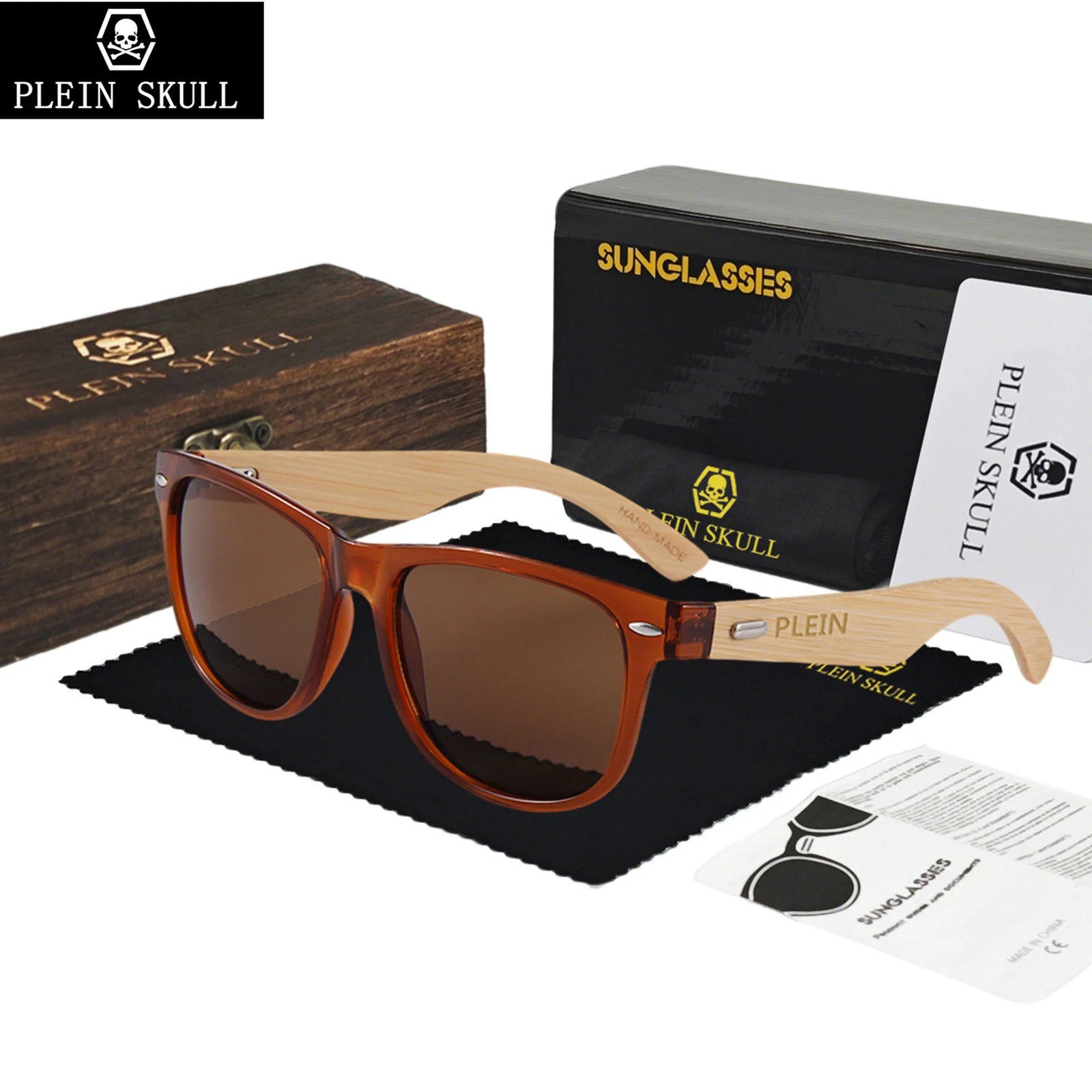Plein skullhigh quality fashionable wooden sunglasses men retro bamboo leg glasses women’s sun protection rice nail