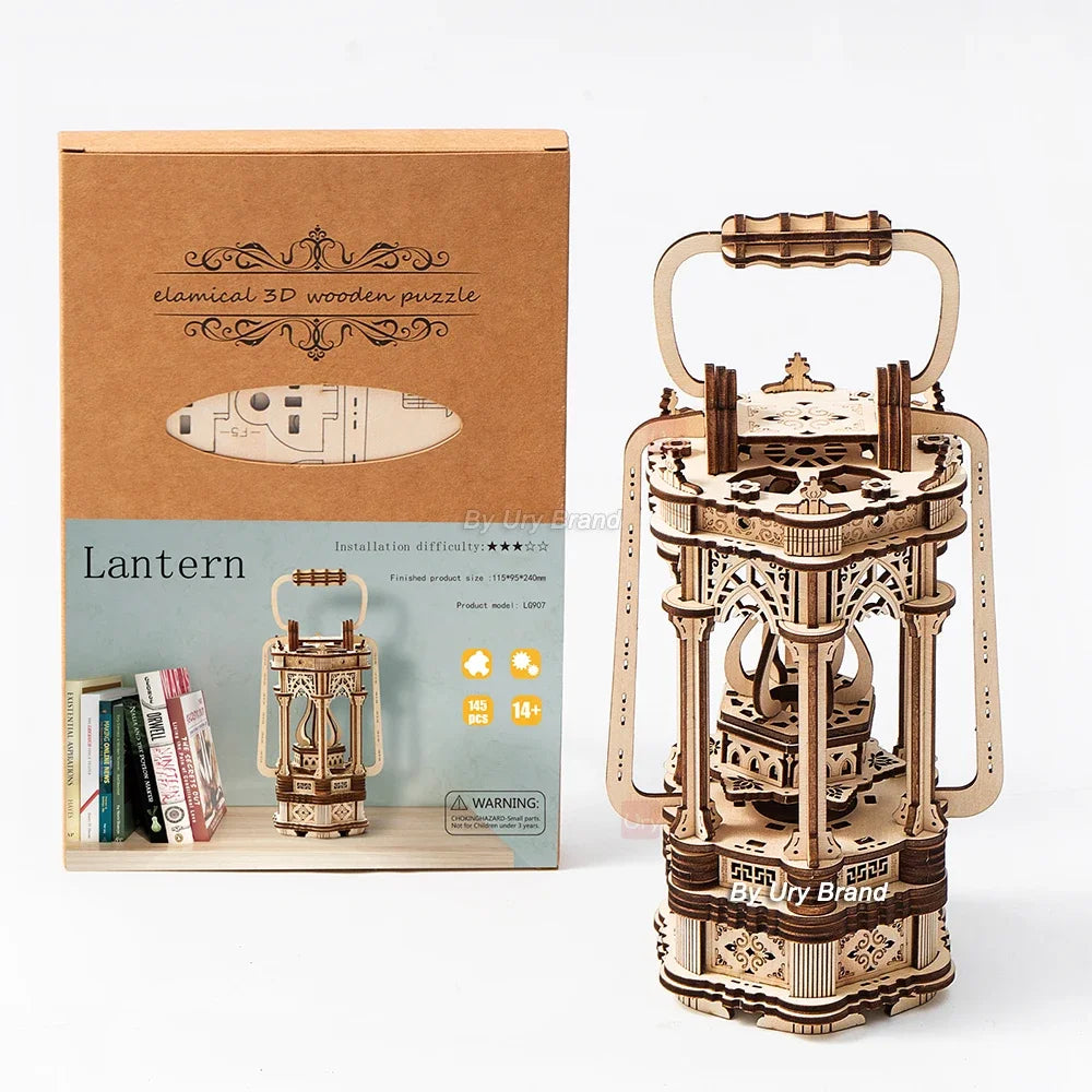 Ury 3d wooden puzzle lantern diy vintage light bedside lamp model assembly building kits desk decoration gift for teens
