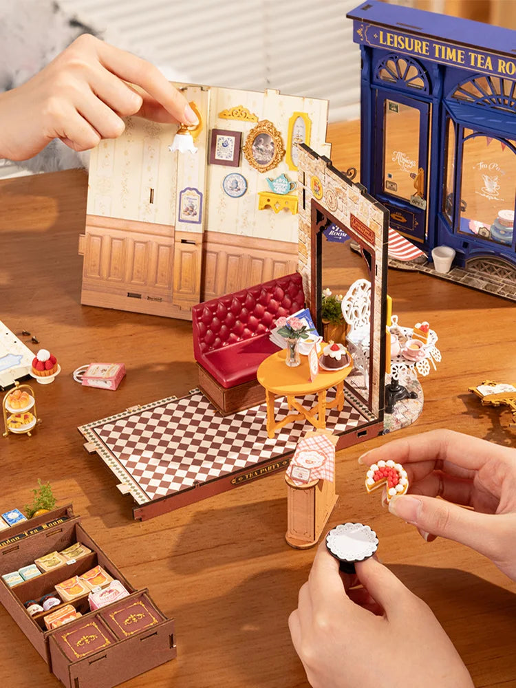 Robotime rolife diy miniature leisure time tea room dollhouse 3d wooden puzzle toys precolored wood home decor for women