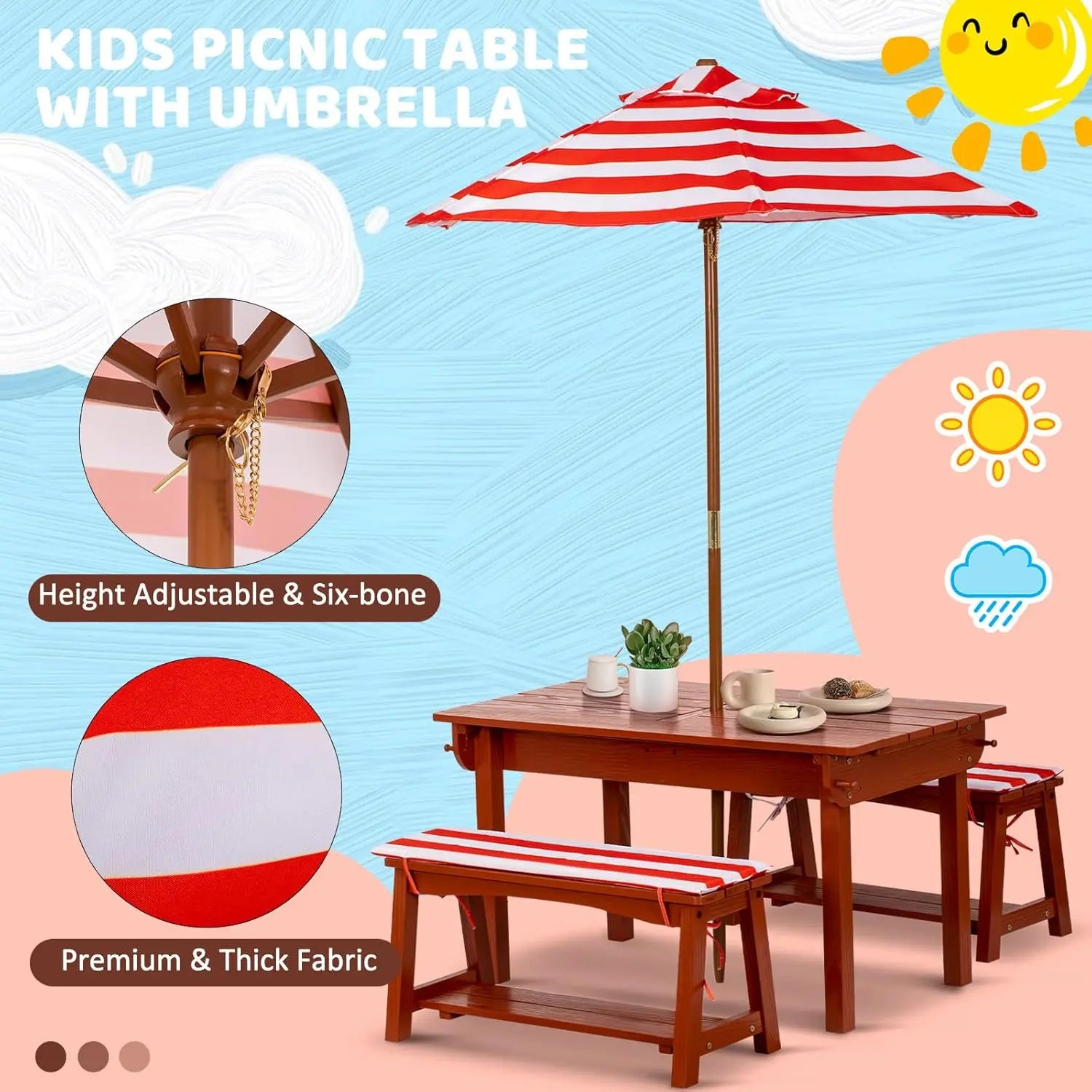 Kids picnic table with umbrella outdoor wooden & bench set w/cushions 2 removable boxes 4-in-1 children sand - united